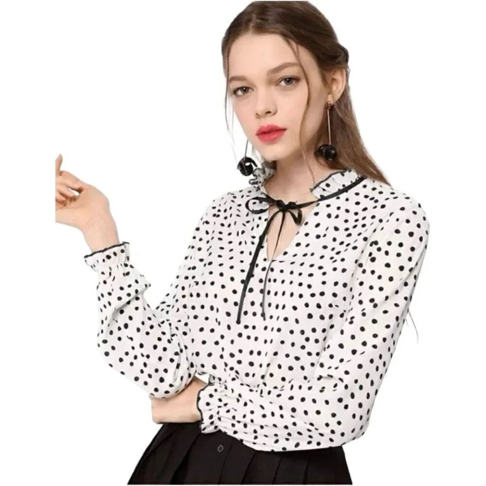 NWT Womens Allegra K Polka Dot Tie Neckline Flounce Long Sleeve Blouse Top - XS